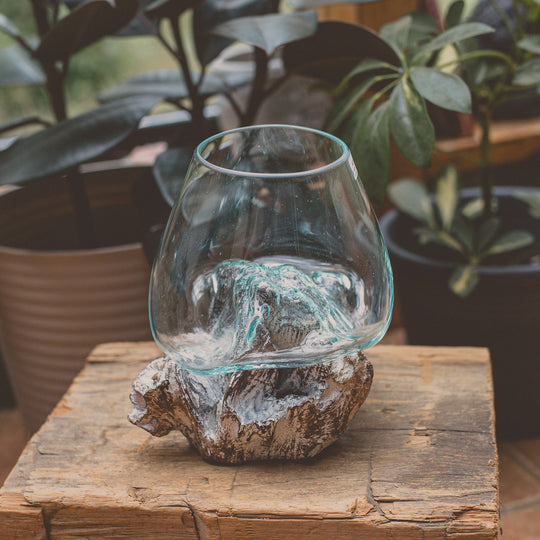 Globe en verre sur bois blanc délavé, 7,5"