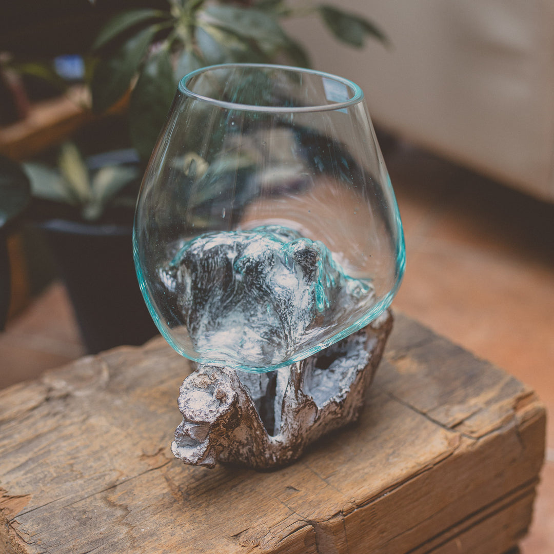 Glass Globe on White Wash Wood - 7.5"