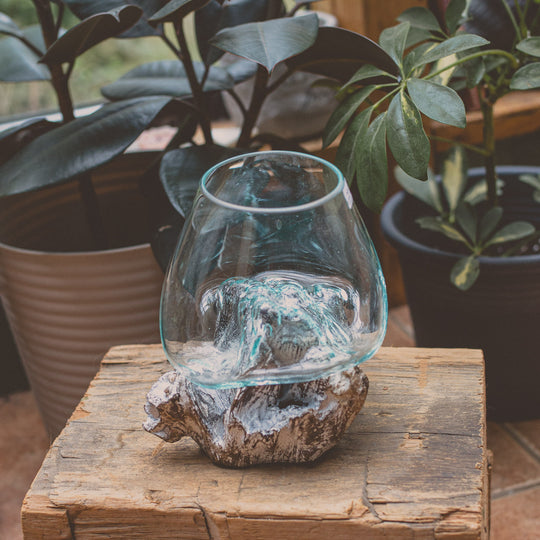 Glass Globe on White Wash Wood - 7.5"