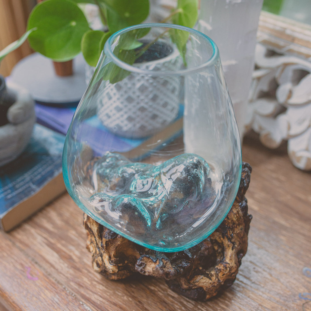 Glass Globe on Natural Wood - 9.5"