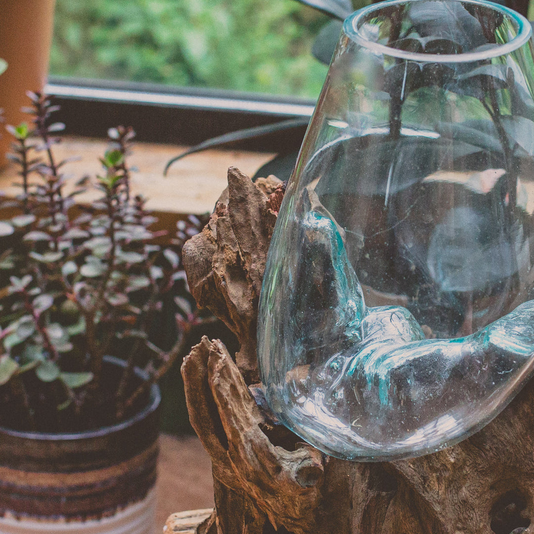 Glass Globe on Natural Wood - 13"