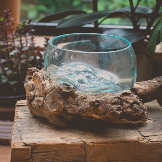 Glass Bowl on Natural Wood - 12"