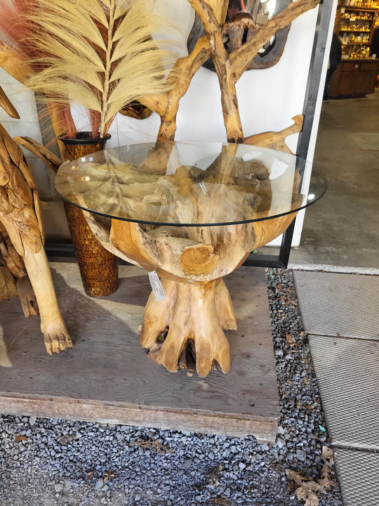 Indonesian Glass Top Teak Root Bar Table