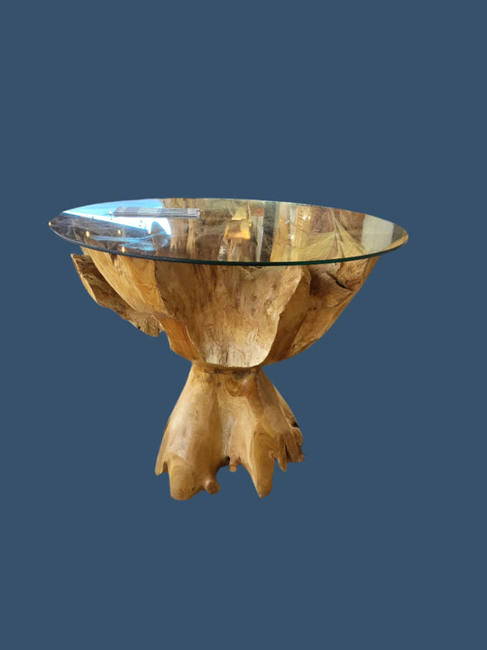 Indonesian Glass Top Teak Root Bar Table