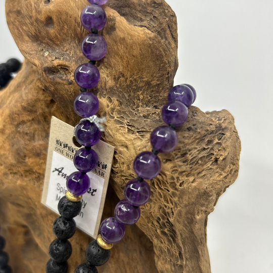 India Mala Bead Necklace (8mm) - Lava Stone & Amethyst