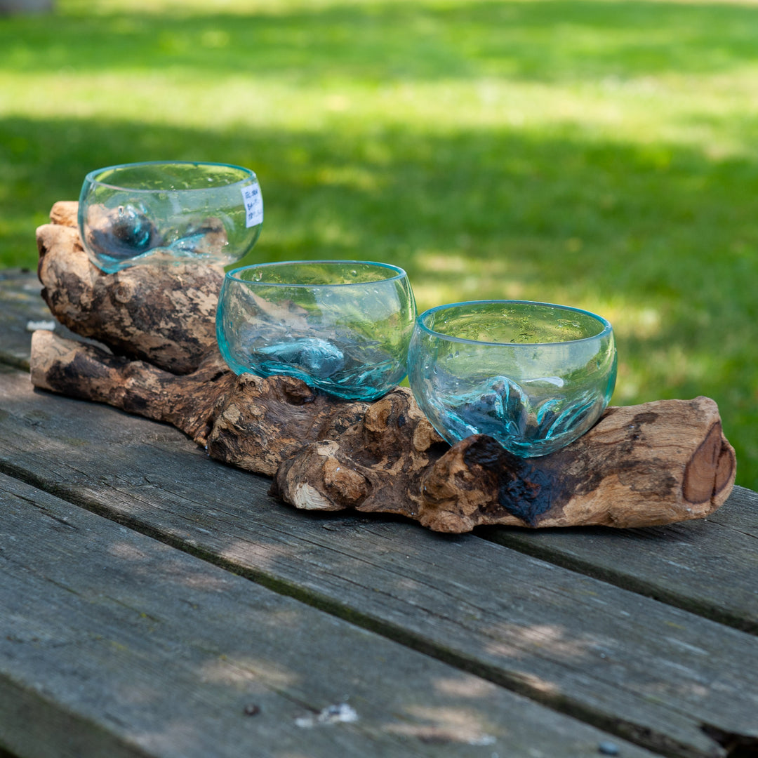 Horizontal Triple Glass Bowls on Gamal Wood