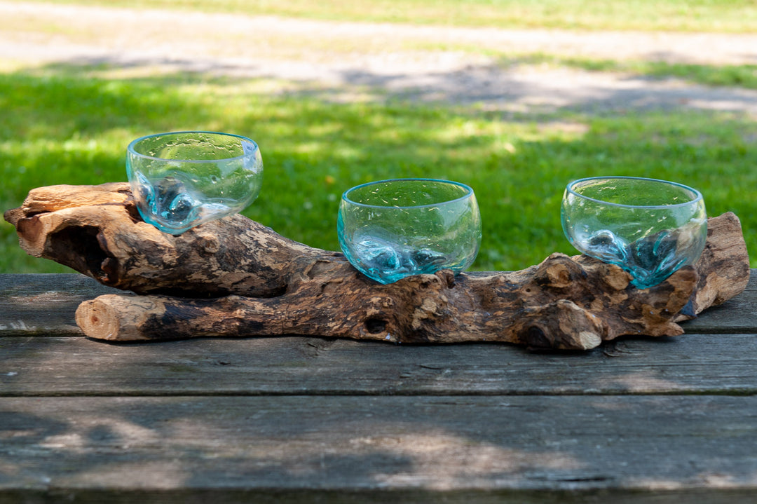 Horizontal Triple Glass Bowls on Gamal Wood