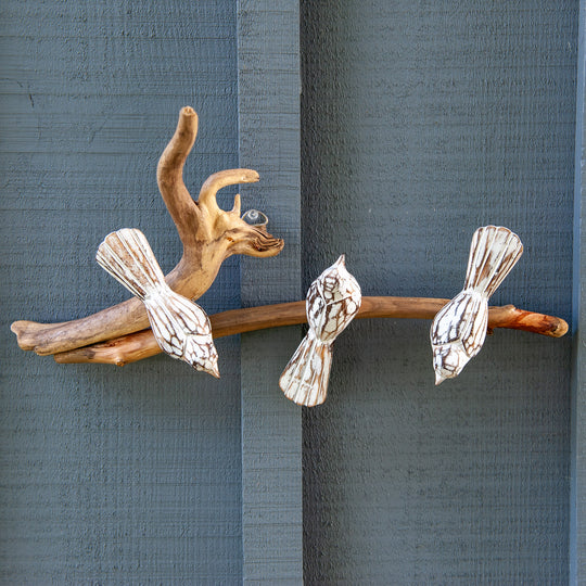 Three White Birds on Driftwood