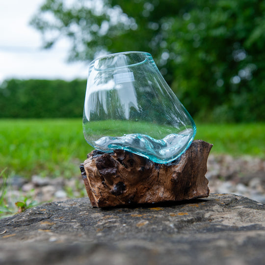 Globe en verre sur bois naturel, 6"