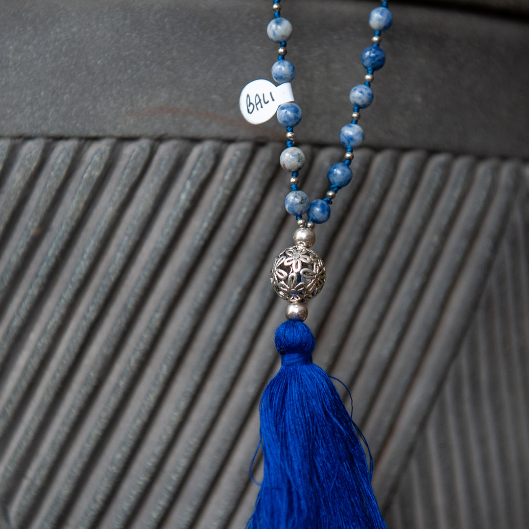 Bali Mala Bead Necklace w/Tassel (8mm)- Sodalite