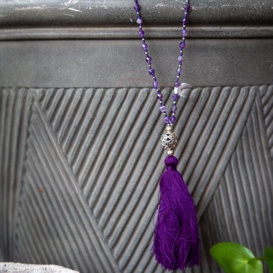 Bali Mala Bead Necklace w/Tassel (8mm)- Amethyst