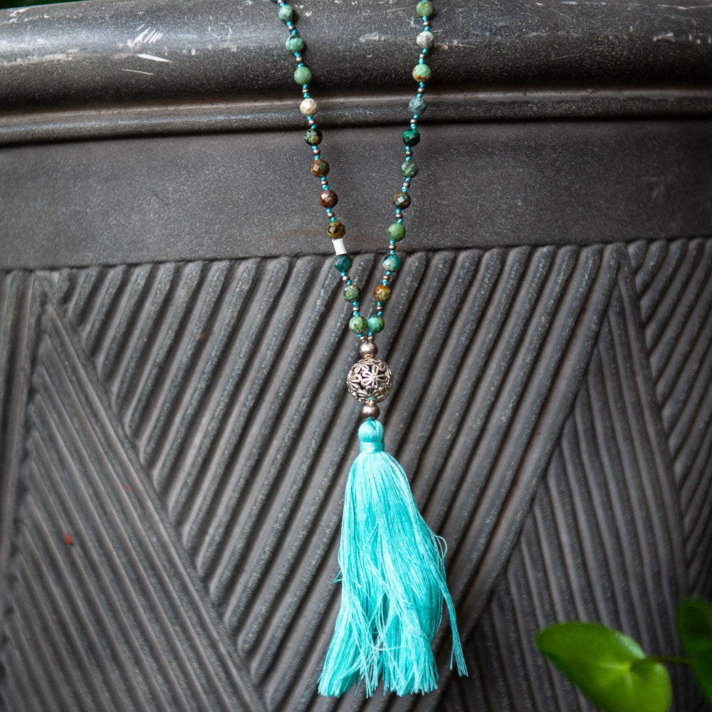 Bali Mala Bead Necklace w/Tassel (6mm)- Chrysocolla