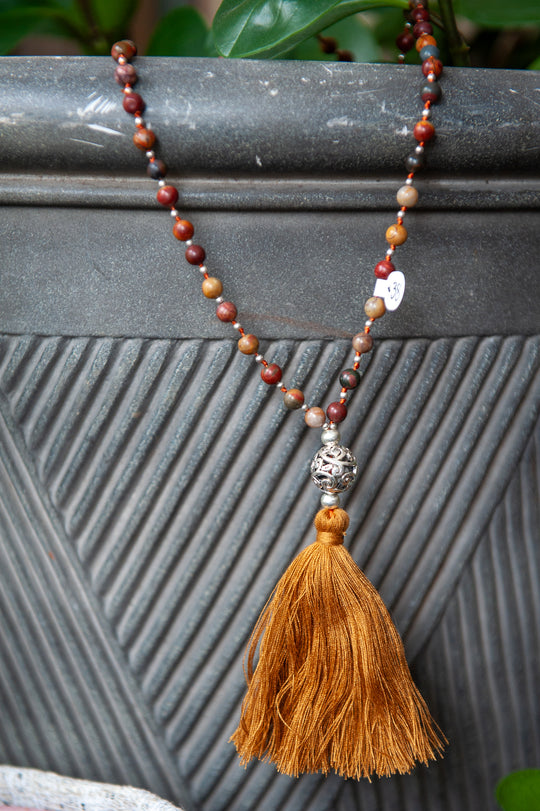 Bali Mala Bead Necklace w/Tassel (8mm)- Mookaite