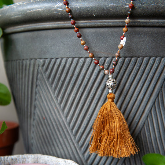 Bali Mala Bead Necklace w/Tassel (8mm)- Mookaite