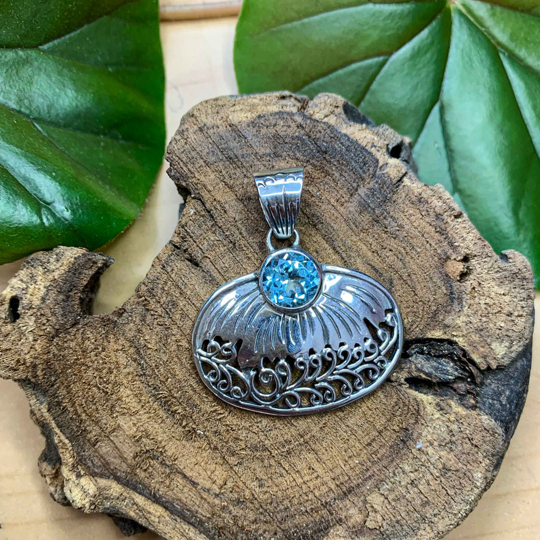 Blue Topaz Leaf & Vines Pendant