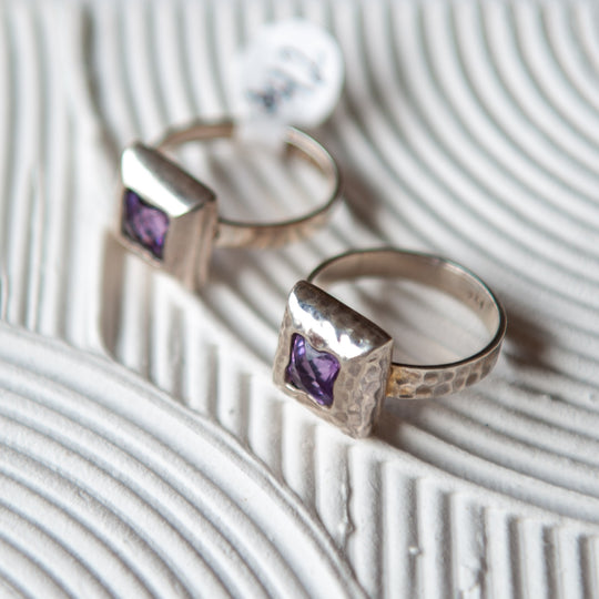 Square Amethyst Smooth Sterling Silver Ring