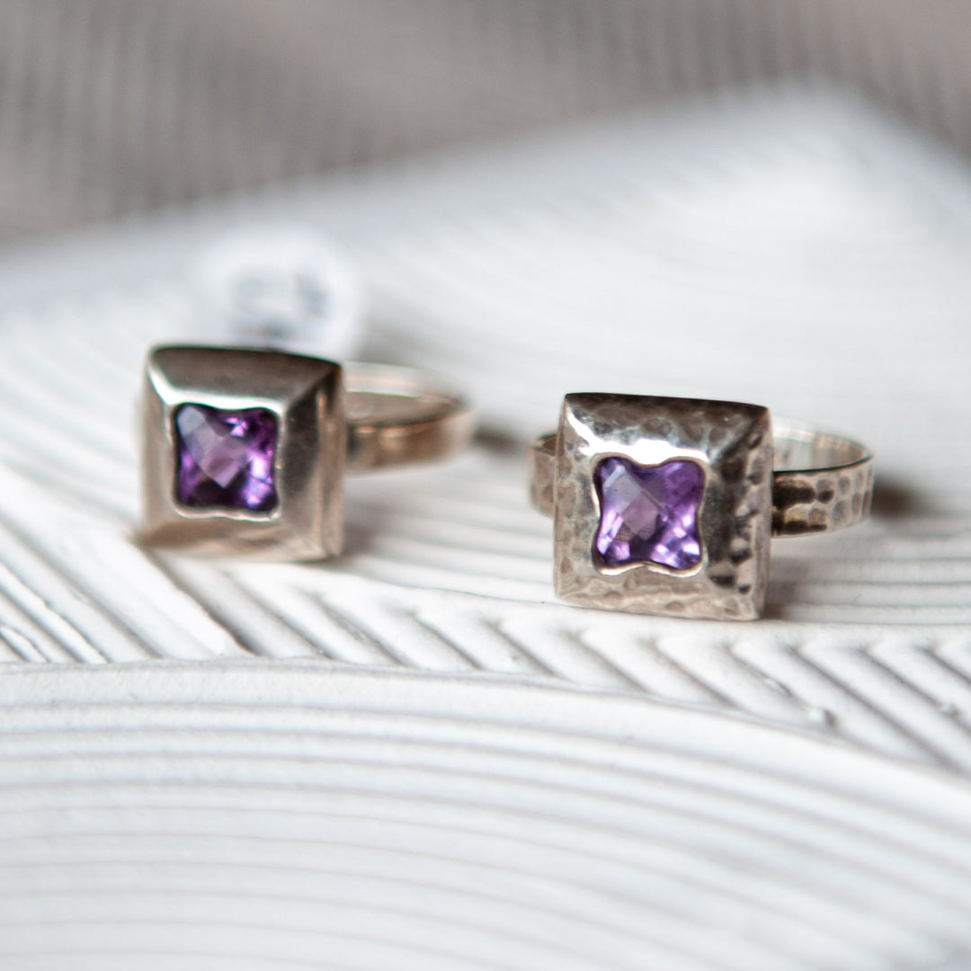 Square Amethyst Hammered Sterling Silver Ring