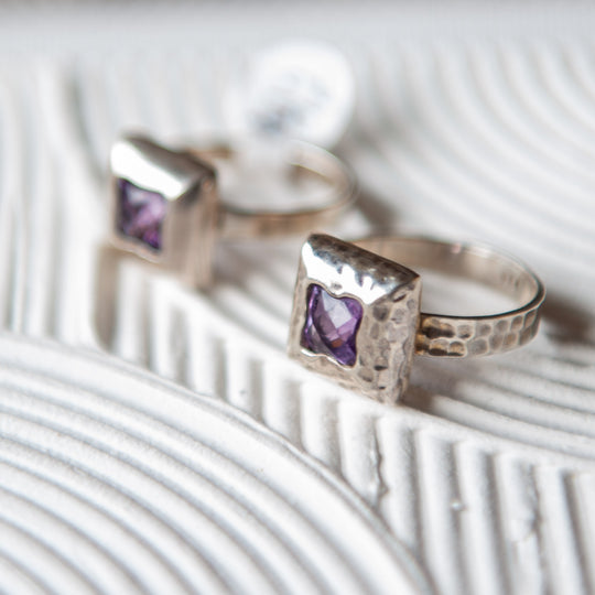 Square Amethyst Hammered Sterling Silver Ring