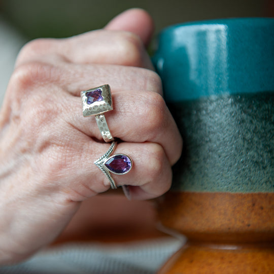 Square Amethyst Hammered Sterling Silver Ring