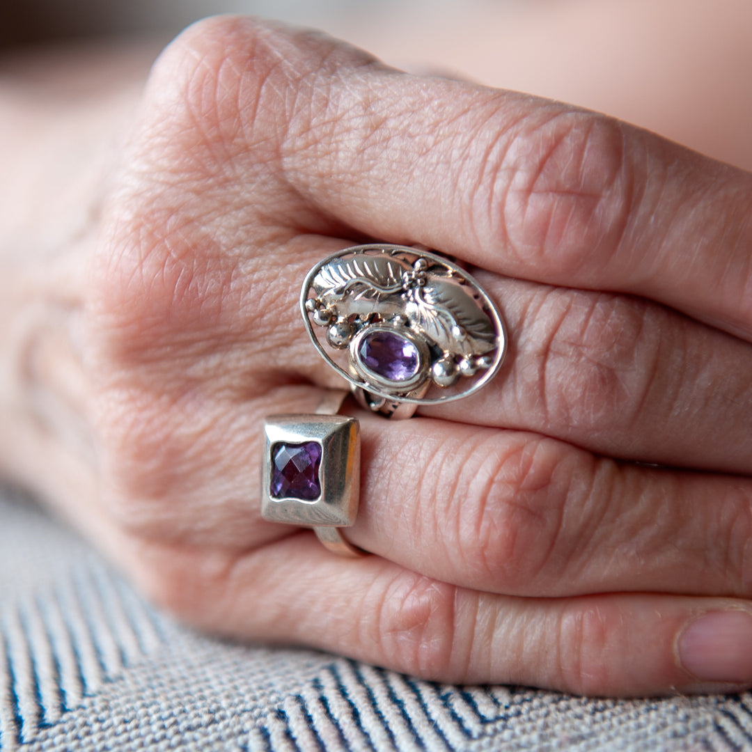 Square Amethyst Smooth Sterling Silver Ring