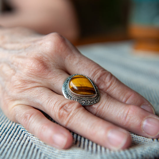 Teardrop Tiger Eye Sterling Silver Ring