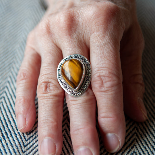 Teardrop Tiger Eye Sterling Silver Ring