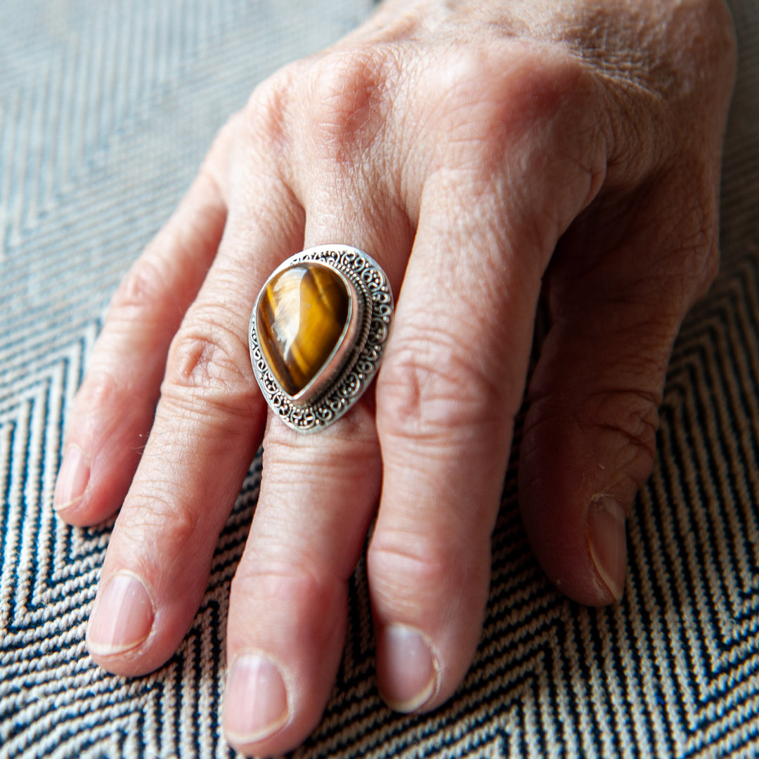 Teardrop Tiger Eye Sterling Silver Ring