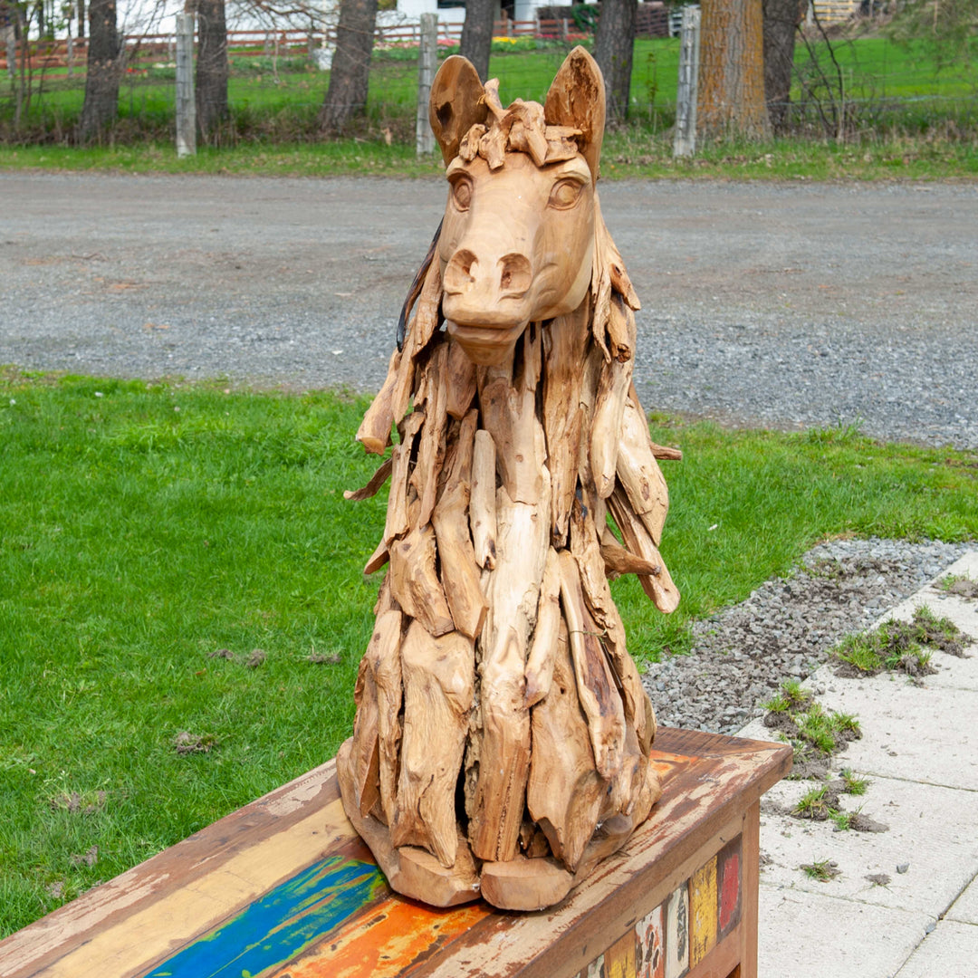 Tête De Cheval Moyenne - En Mouvement - Sur Socle Bois