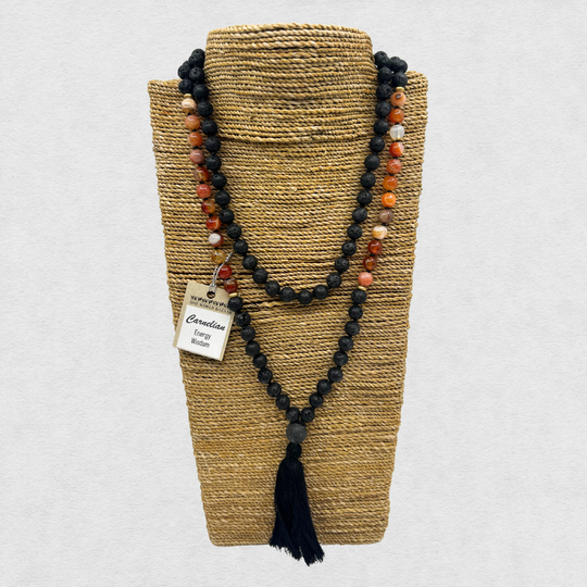 India Mala Bead Necklace (8mm) - Lava Stone & Carnelian