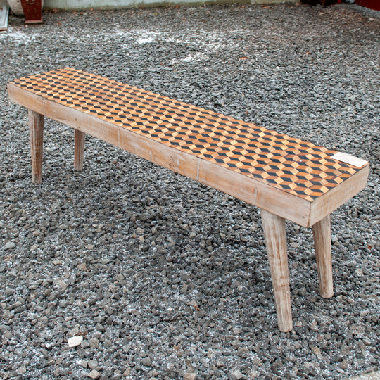 India Mindi Wood Inlaid Bench - Geometric