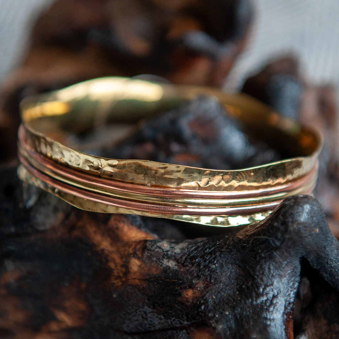 Meditation Bracelet Wavy Hammered Brass & Copper