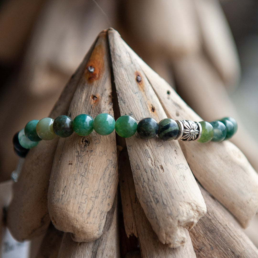 India Mala Bead Bracelet (6mm)- Moss Agate