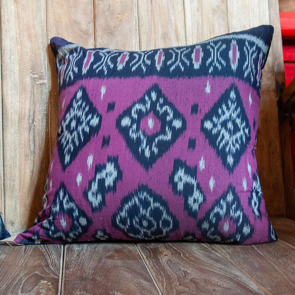 Housse de coussin en coton Ikat - Délavage bleu et rouge