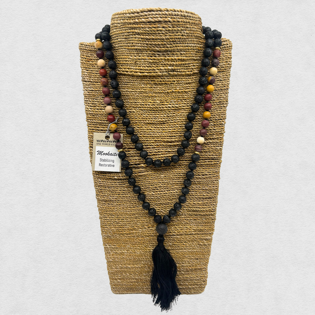 India Mala Bead Necklace (8mm) - Lava Stone & Mookaite