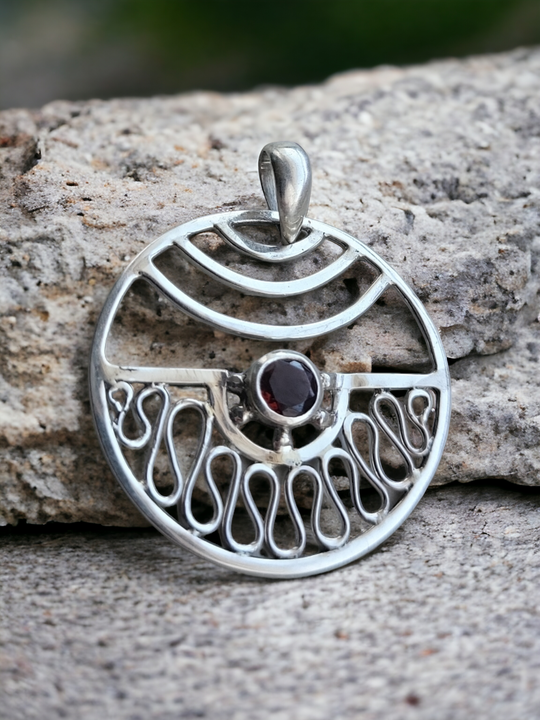 Garnet Circle Waves Pendant