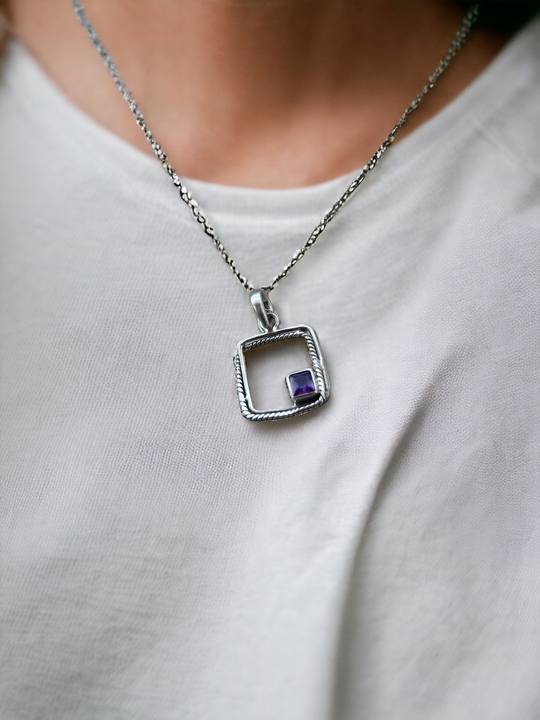 Amethyst Square Silver Pendant