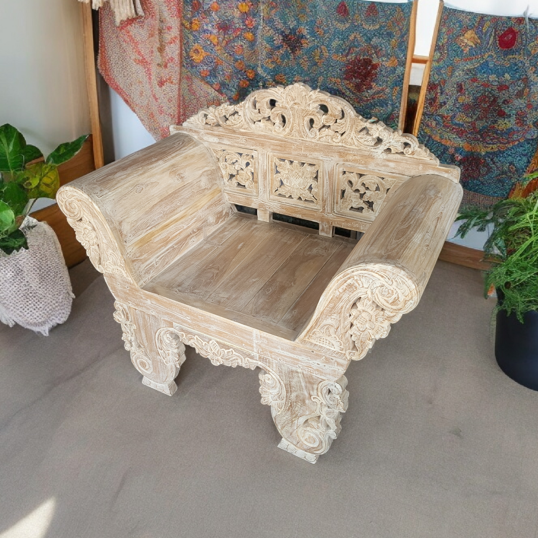 Ornate carved throne like chair in white wash finish on an AI generated background of a room with plants and carpets.