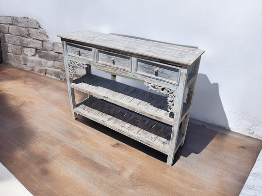 Carved Mahogany Three Drawer Two Shelf Console