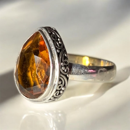 Teardrop Ornate Citrine Carved Ring