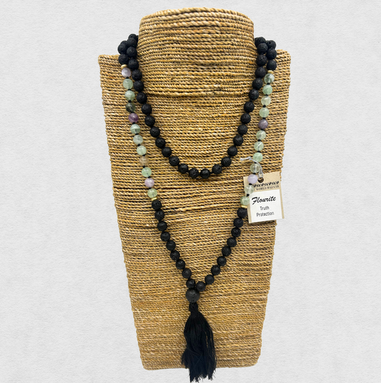 India Mala Bead Necklace (8mm) - Lava Stone & Flourite