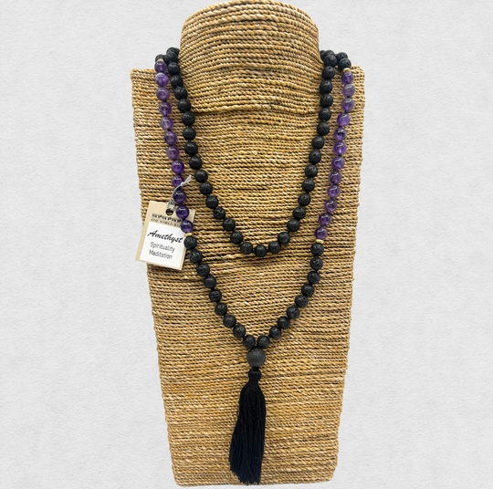 India Mala Bead Necklace (8mm) - Lava Stone & Amethyst