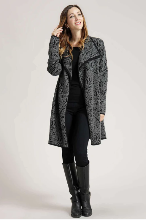 Long Sleeve Pattern Open Cardigan- Black and Grey