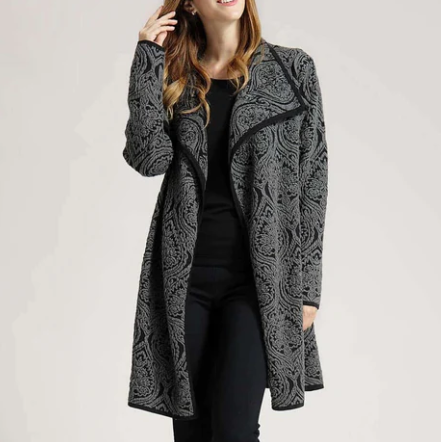 Long Sleeve Pattern Open Cardigan- Black and Grey