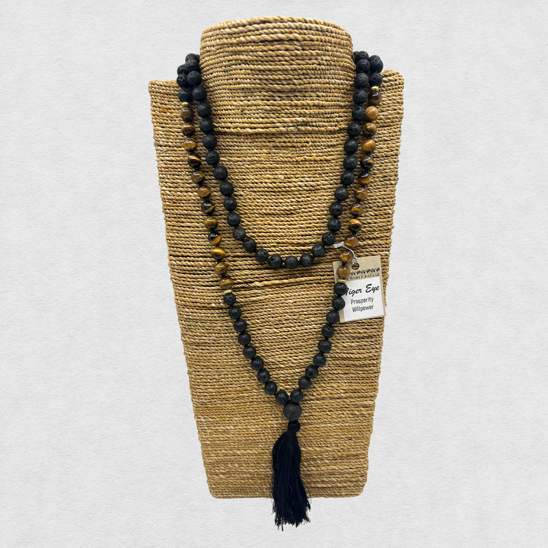 India Mala Bead Necklace (8mm) - Lava Stone & Tiger Eye