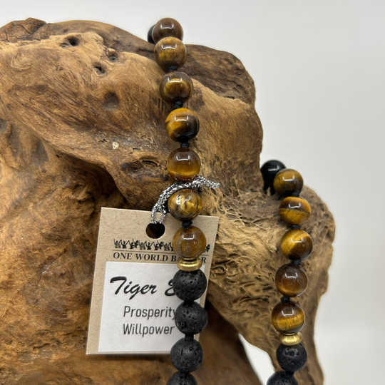 India Mala Bead Necklace (8mm) - Lava Stone & Tiger Eye