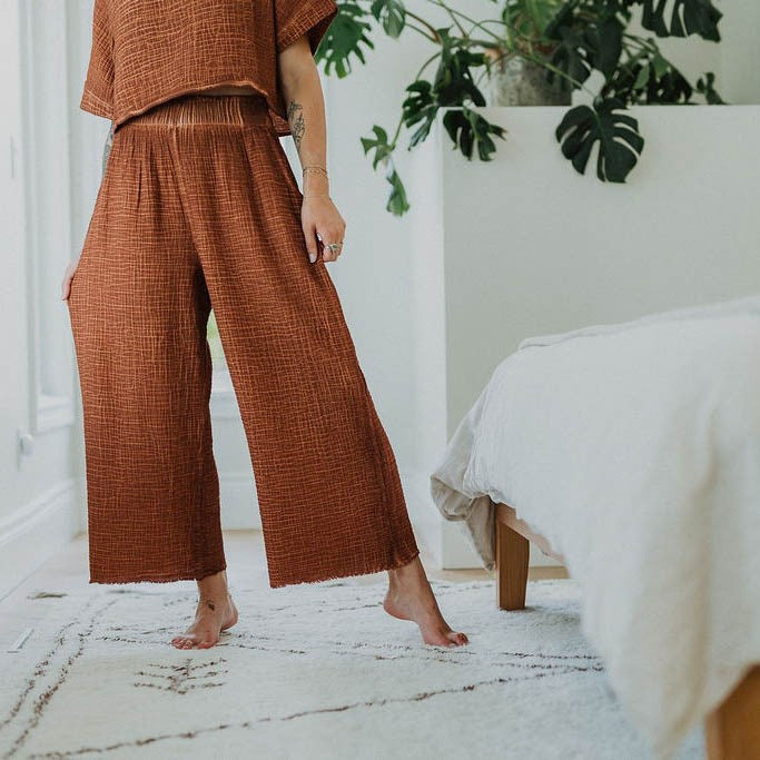 Crinkle Crop Palazzo Pant- One-Sized - Terracotta