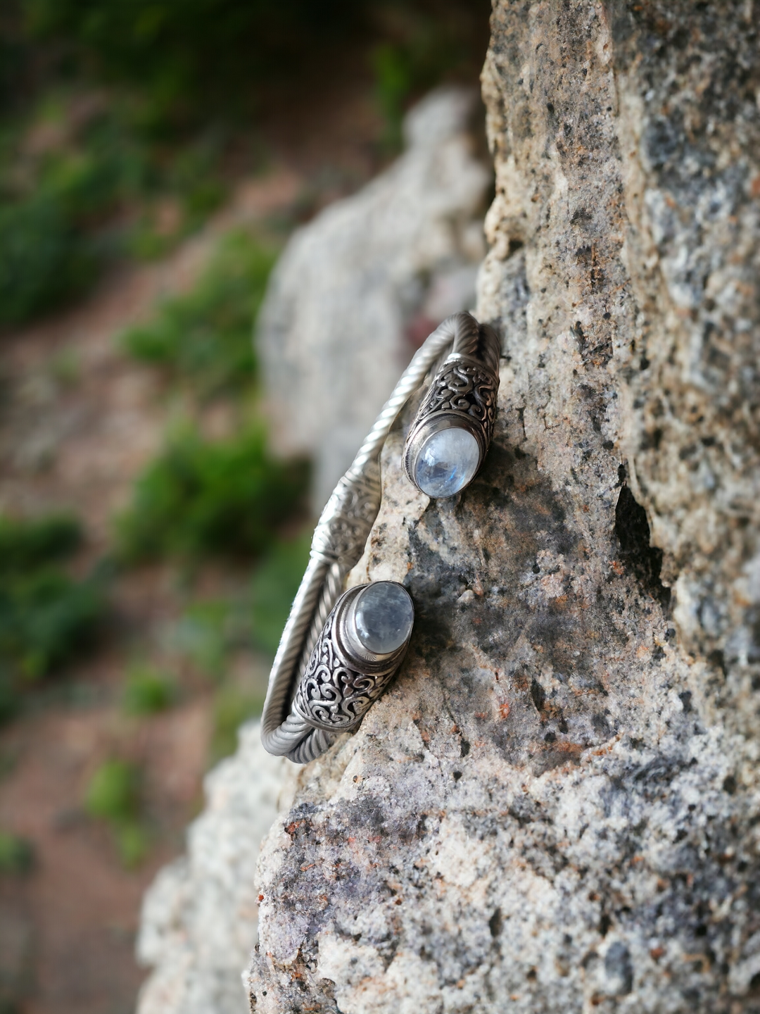 Bali Silver Cuff Bracelet with Moonstone Inlay