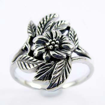 Flower and Leaf Sterling Silver Ring