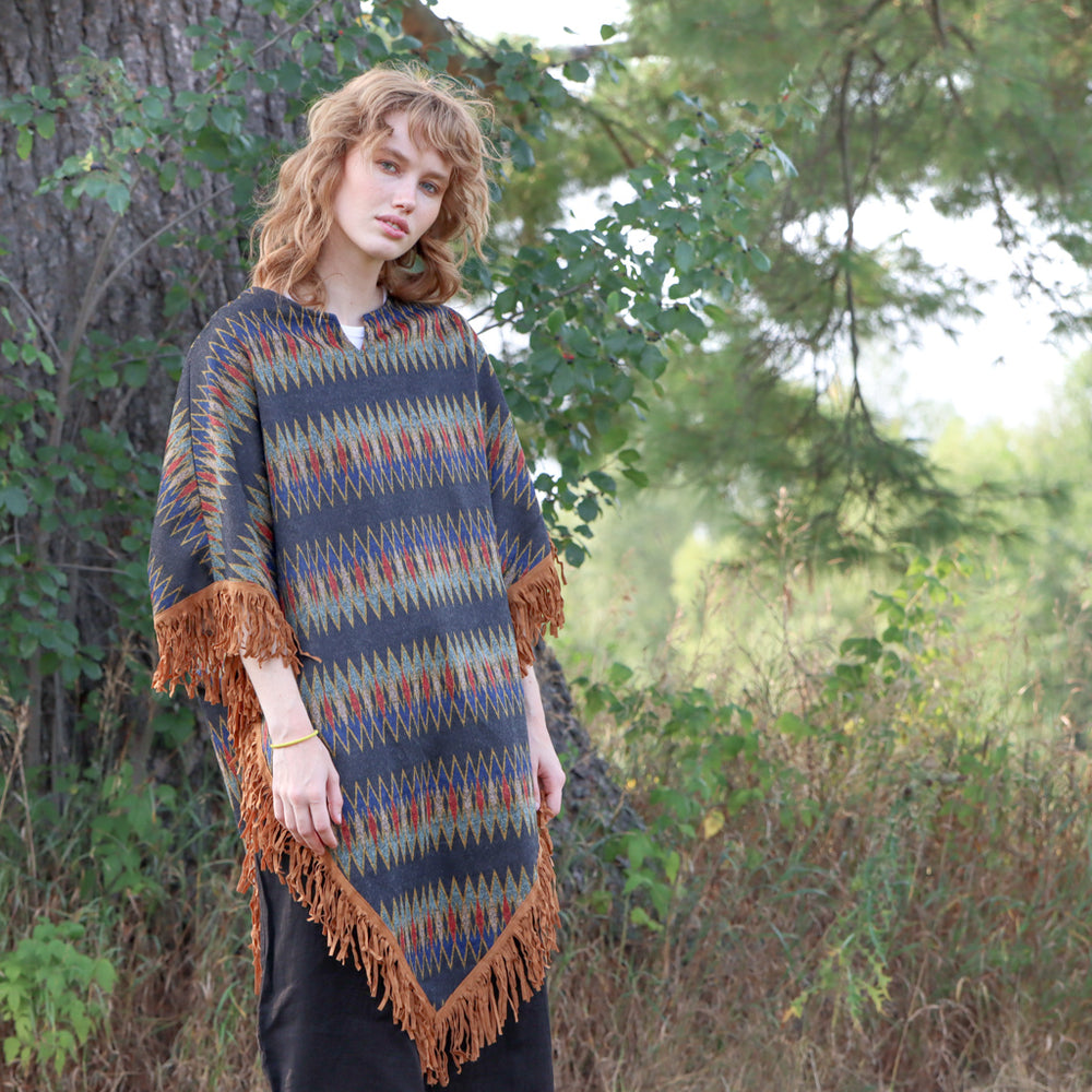 Edith Poncho Suede with Fringe-Blue
