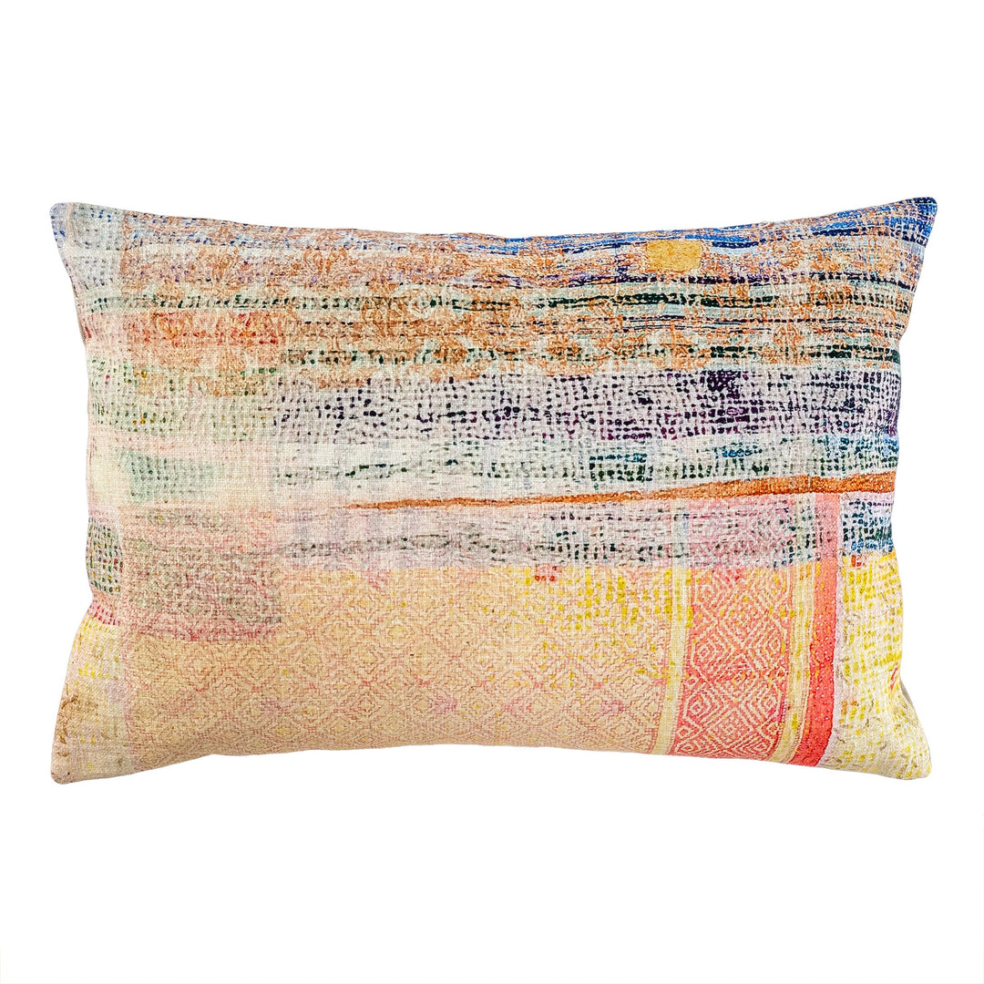 Coussin Imprimé Kantha - Bleu Multi Rayé